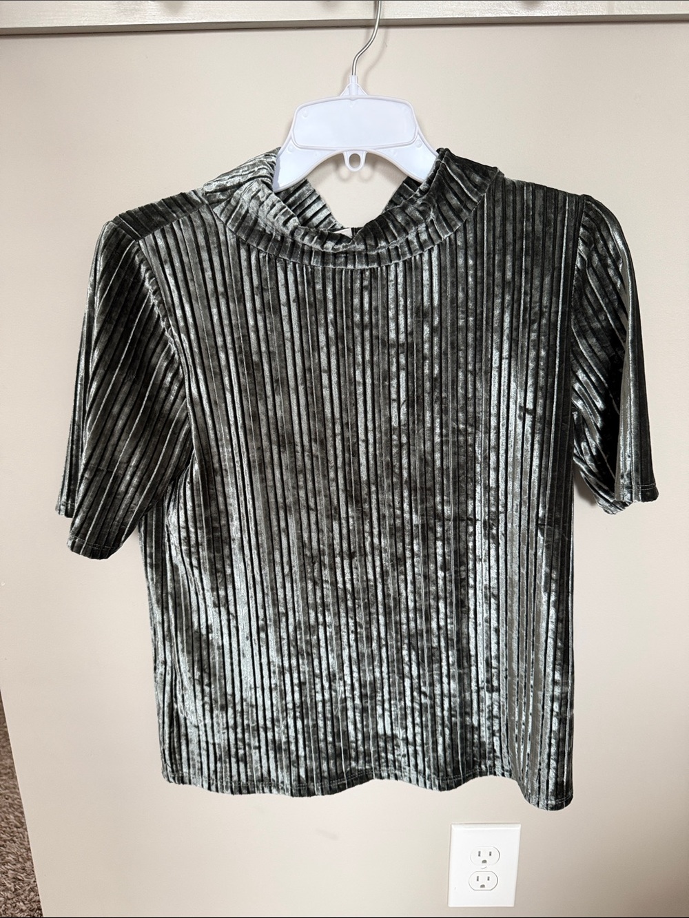 LOFT Olive Green Velvet Pleated Short Sleeve Top